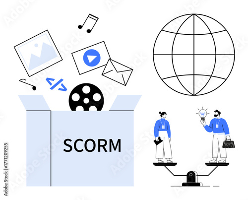 SCORM box releasing multimedia assets, code, and documents. Professionals on balanced scales sharing ideas, linked to a global network. Ideal for e-learning, collaboration, balance, education