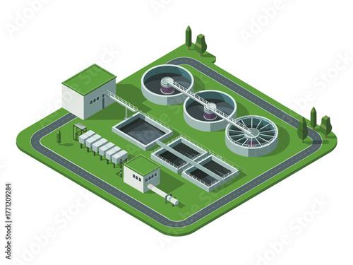 Water purification facility, sedimentation tanks, grit removal channels, pumping station, chemical dosing units, sanitation system, isometric industry illustration