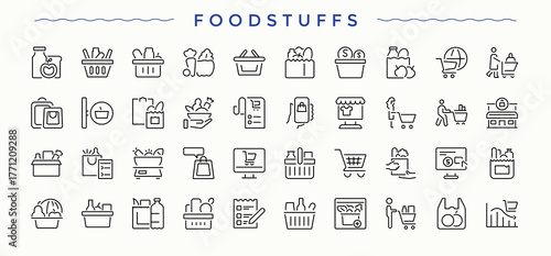 Foodstuffs  icon set. Cafe related icon set. Icons for UI design. Contain linear sign bakery and bakery shop, shop, baking, cook, food, restaurant and more. Vector artwork and illustration.