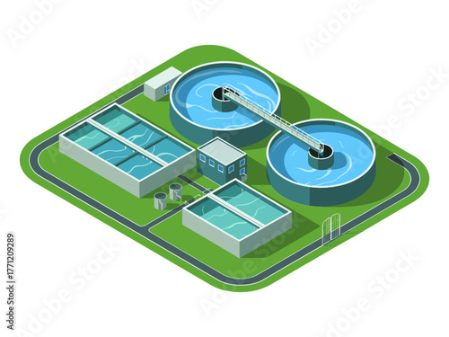 Wastewater recycling station, oxidation ditches, settling basins, sludge processing units, clean effluent discharge, municipal treatment plant, isometric illustration