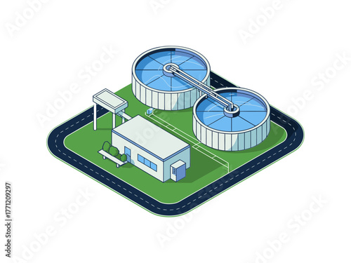 Clarifier tank complex, sedimentation, control building, service road, utilities yard, environmental engineering site, water management facility, isometric vector