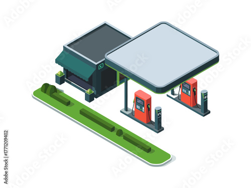Isometric gas station, canopy roof with pumps, roadside service stop, convenience shop, urban transportation facility, automotive fueling, illustration