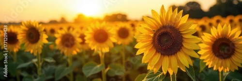 Golden hour sunlight bathes a field of ripe sunflowers, their heavy heads bowing under the weight of summer's bounty A quintessential image of summer abundance and warmth , rural, blossom, sunny