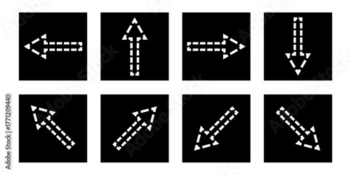 Dotted Digital Pixel Arrow Icon Set on Black Background