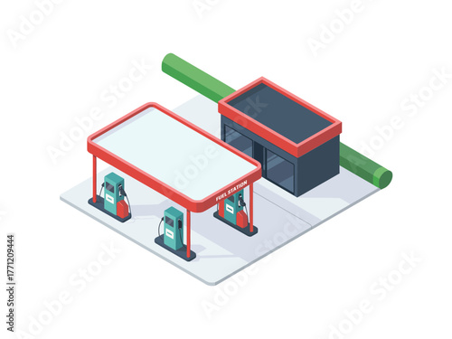 Gas station with office, red trim canopy, two fuel islands, service lane, roadside stopover, petroleum retail facility, illustration
