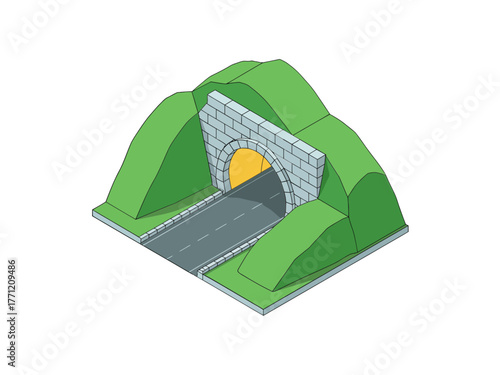 Mountain road tunnel, arched portal through green hill, asphalt highway, transportation infrastructure, travel route concept, isometric landscape vector