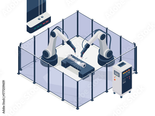 Robotic assembly station, twin articulated arms inside cage, sensors and controller, precision automation, manufacturing technology cell, isometric vector