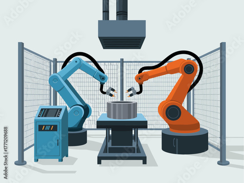 Industrial robotic arms working, overhead press machine, control cabinet beside, automated production process, factory equipment scene, vector illustration