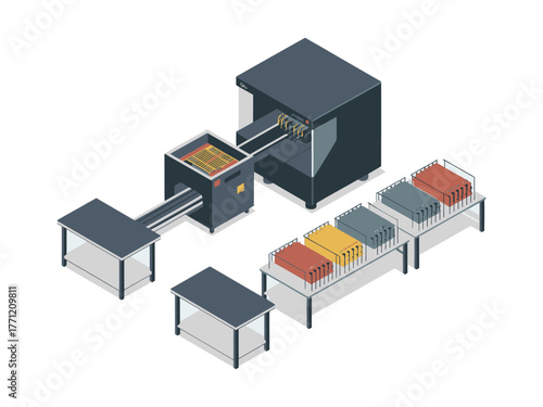Automated food processing line, industrial oven with conveyor belts, trays and racks, manufacturing workstation layout, factory production vector