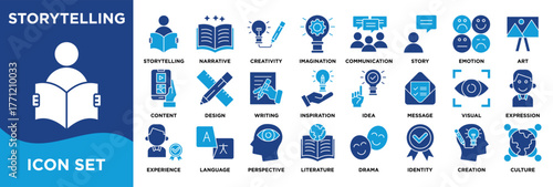 storytelling icon collection set. Containing storytelling, narrative, creativity, imagination icon. solid line vector.	