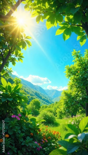 Sun-drenched summer scene featuring vibrant green foliage and a tranquil blue sky Perfect for travel, vacation, and nature themes Ideal for websites, blogs, and social media , heat, vibrant