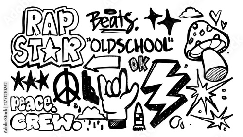 Graffiti vector set with peace signs, crew letters, and urban hip hop style. Perfect for street art branding and expressive creative design.