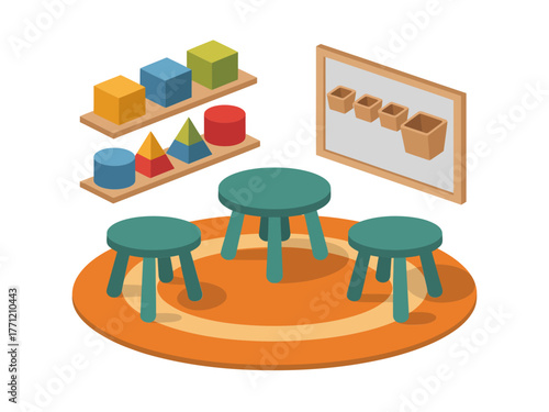 Preschool classroom interior, round stools and tables, shelves with educational toys, colorful learning area, early childhood design vector