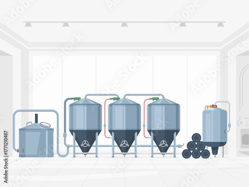 Winery fermentation tanks, stainless steel vessels with hoses, clean cellar interior, winemaking equipment setup, beverage production technology vector