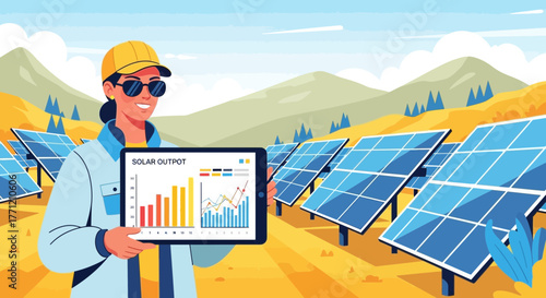 Optimizing solar energy farms: A worker analyzing performance data on a tablet