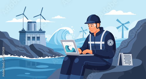 Engineer Monitors Coastal Energy Infrastructure and Ocean Data on a Laptop
