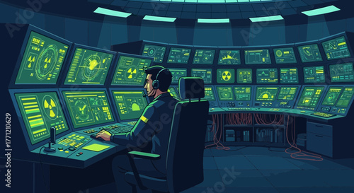 Monitoring nuclear activity from high tech control room with multiple displays