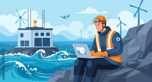 Engineer monitoring offshore wind farm energy production using laptop at coastline