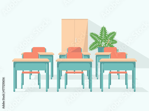 Pastel classroom scene, tidy student desks with chairs, door and plant, learning environment, editable vector, clean background