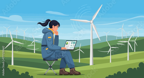 Young woman analysing wind energy data on her laptop in a wind turbine park