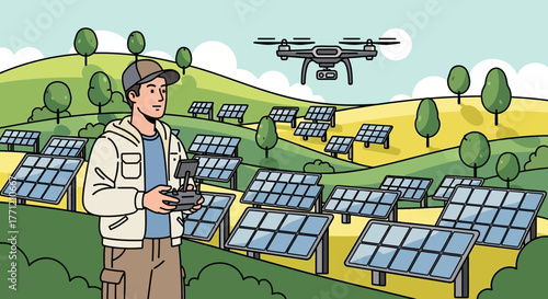 Innovating sustainable energy: A drone inspecting a solar panel farm, fostering eco-friendly solutions