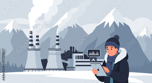 Cartoon depiction of a concerned man witnessing industrial pollution in a mountain landscape