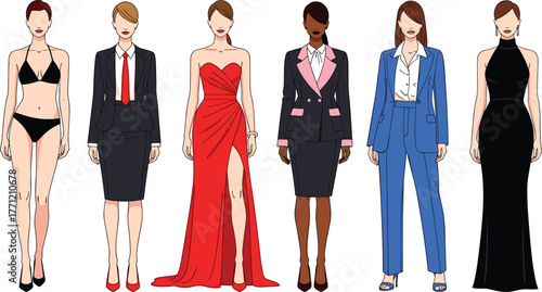 Women’s fashion, outfit diversity, swimwear to formalwear, business suit, evening gown, character design, vector art, stylish look, fashion concept, lifestyle pose