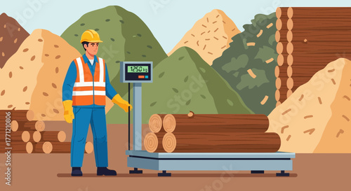 Depiction of a lumberjack weighing logs with industrial weighing scale