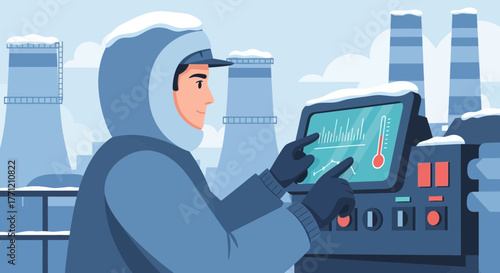 Winter operations analysis at industrial plant control center with technician