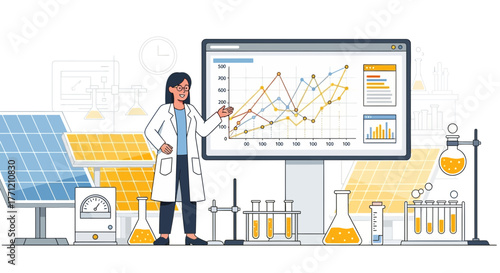 Presentation of energy efficiency data by a female scientist using solar panels