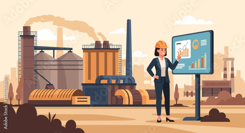Female engineer presenting industrial analysis data with factory backdrop