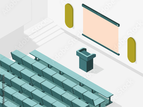 University lecture hall, tiered seating rows, podium and large screen, modern presentation theatre, education conference interior vector