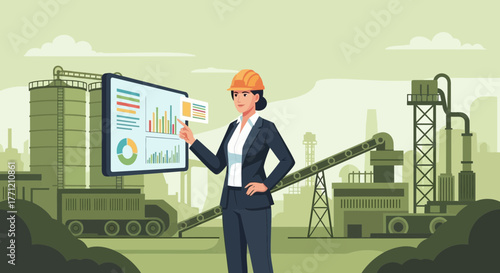 Female industrial manager analyzes performance data on digital display outdoors