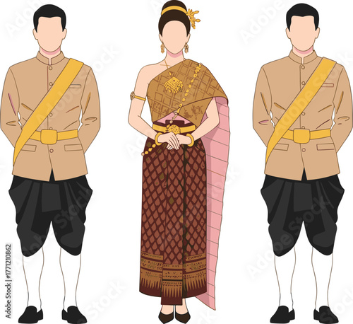 Traditional Thai clothing illustration, cultural fashion, ceremonial outfit, heritage design, vector art, elegant attire, ethnic costume, standing pose, stylized people