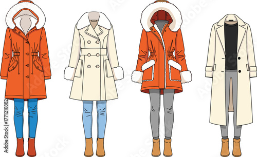 Winter fashion, coat styles, hooded parka, trench coat, overcoat outfit, seasonal clothing, boots pairing, vector art, fashion design, lifestyle look