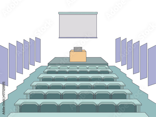 Academic auditorium perspective, screen above stage, many seats arranged neatly, sound panels, college seminar venue, vector illustration