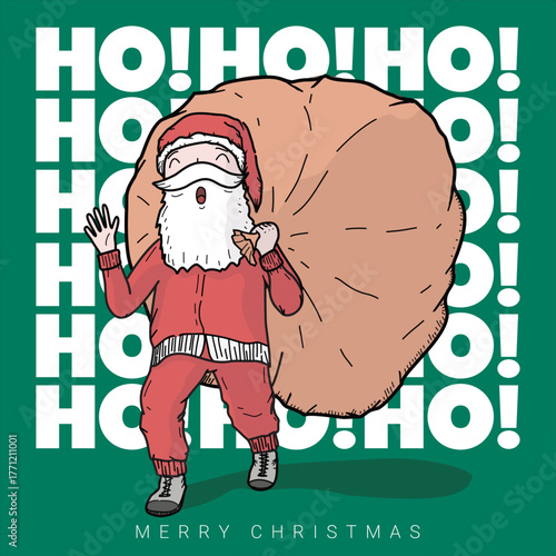 Santa Claus waiving his hand, Ho! Ho! Ho! while carring the Christmas gift sack on his back.