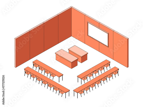 Conference room arrangement, orange acoustic walls, perimeter seating rows, central lounge sofas, corporate meeting setup, modern isometric illustration