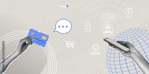 Digital transactions using mobile banking and credit cards. A trendy collage of halftone images. The concept of global innovation in mobile banking and financial technology.