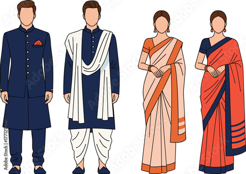 Traditional Indian clothing, sherwani style, saree fashion, kurta outfit, cultural attire, festive wear, vector art, character design, ethnic fashion, ceremonial look