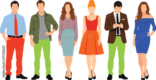 Stylized fashion, diverse outfits, modern clothing, character design, color variety, fashion illustration, trendy people, vector art, lifestyle pose, outfit mix