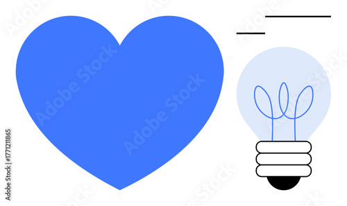 Blue heart alongside a light bulb with plant sprouting elements, suggesting innovation, growth, and compassion. Ideal for teamwork, creativity, eco-friendly ideas, sustainability, innovation health