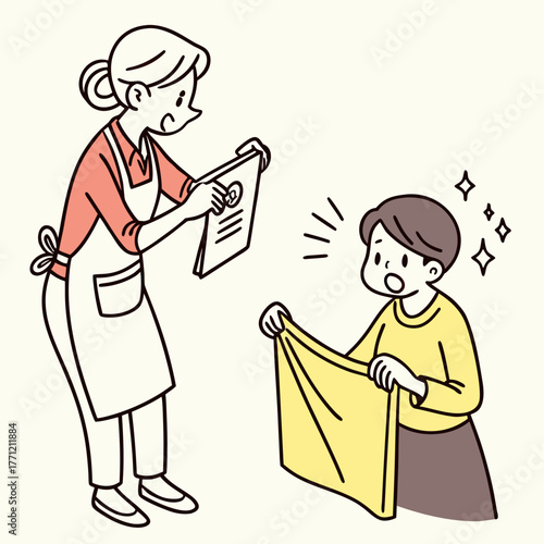 A woman in an apron presents a freshly cleaned yellow towel to an impressed customer, possibly showcasing a cleaning service.
