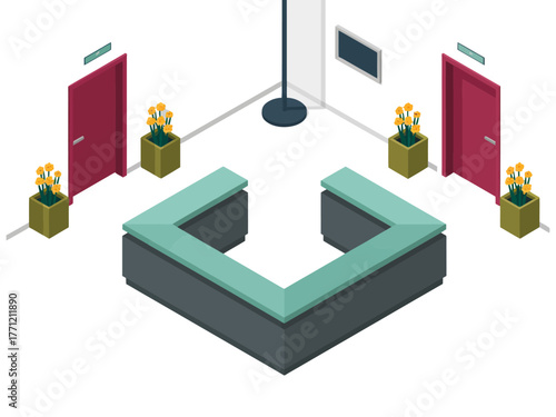 Isometric lobby waiting area, u shaped sectional sofa, red doors and potted plants, screen pole, modern interior vector
