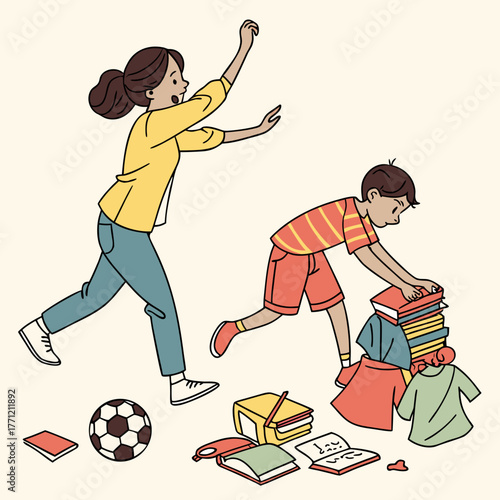 A woman and a boy tidying up a messy room with books, clothes, and a soccer ball on the floor.