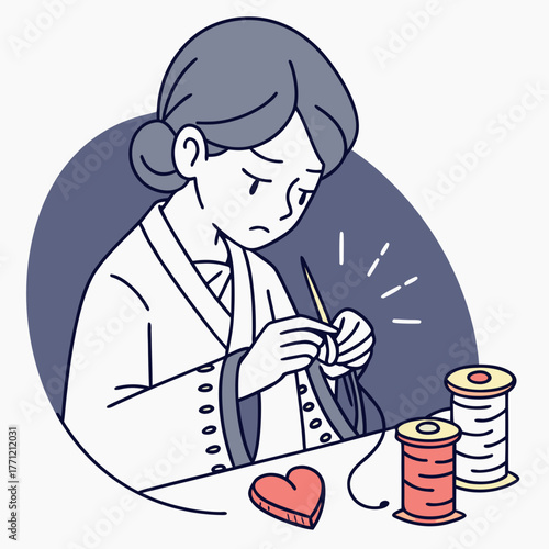 An illustration of a sad woman sewing a heart-shaped object with needle and thread, expressing frustration and difficulty.