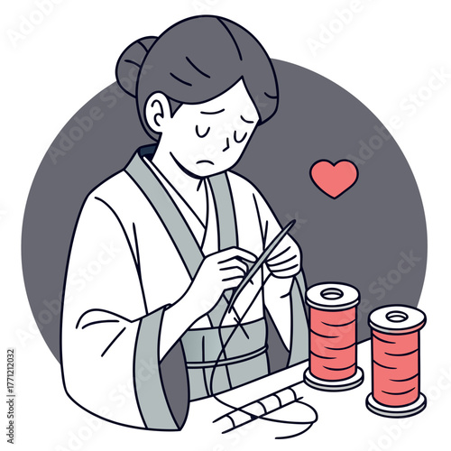 A melancholic woman in a traditional kimono diligently sewing with red thread, a small heart floating nearby.