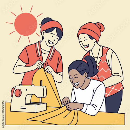 Three happy women, two adults and one child, are sewing together with a sewing machine under a bright sun, enjoying a creative activity.