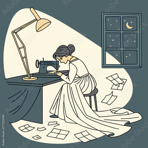 A woman diligently sewing a long dress by the light of a desk lamp at night, surrounded by scattered papers.