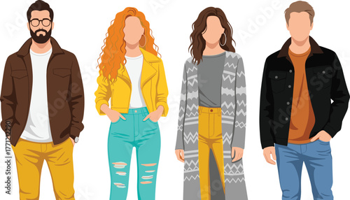 Stylized fashion illustration of diverse people, casual outfit, modern clothing, character design, trendy style, vector art, urban pose, isolated look